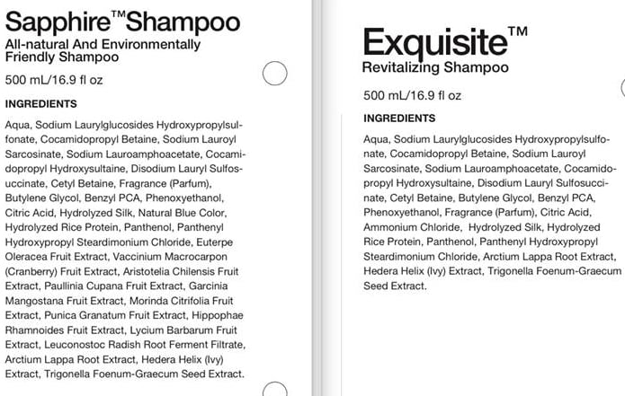 Ingredients in Sisel Sapphire Shampoo and Sisel Exquisite Revitalizing Shampoo