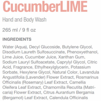 Cucumber Lime hand wash Sisel International Ingredients