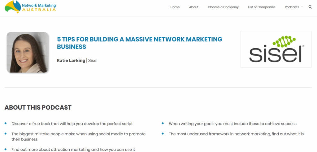 Katie Larking has been featured on Network Marketing Australia